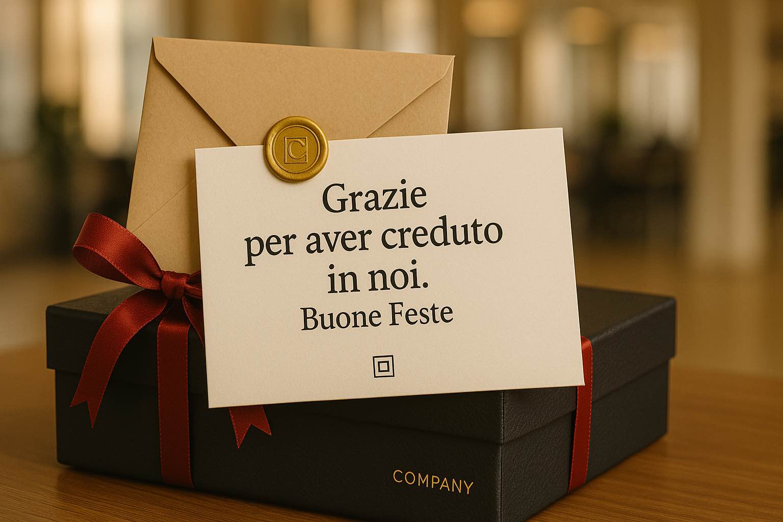 Biglietto di auguri elegante su un regalo aziendale natalizio personalizzato