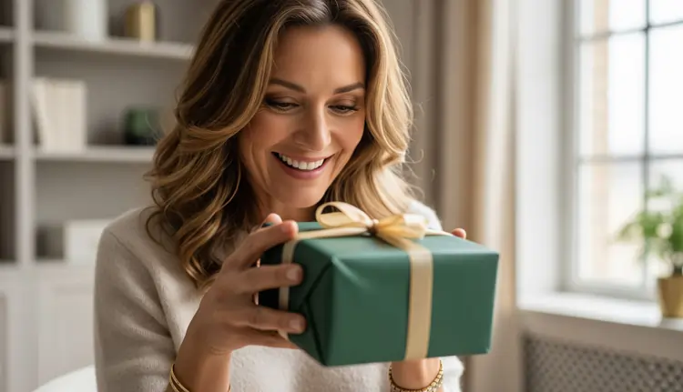 Cliente donna riceve un regalo dal suo brand aziendale preferito, a simboleggiare l'importanza dei regali aziendali personalizzati come customer journey touchpoints | QuBox