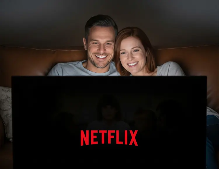 Marketing relazionale, l'esempio di Netflix rappresentato da questa giovane coppia che guarda la TV al buio sul divano | QuBox